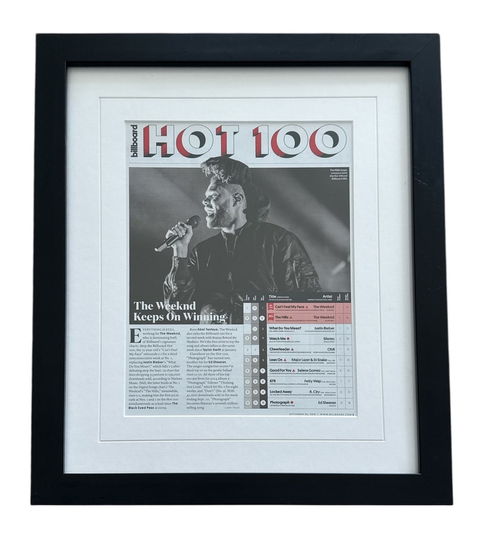 The Weeknd - Billboard Chart Recognition Plaque: Billboard HOT 100 "The Weeknd Keeps On Winning" #1 Can't feel my Face #2 The Hills September 26,2015. A commemorative chart recognition from Billboard, the American music industry publication. Present