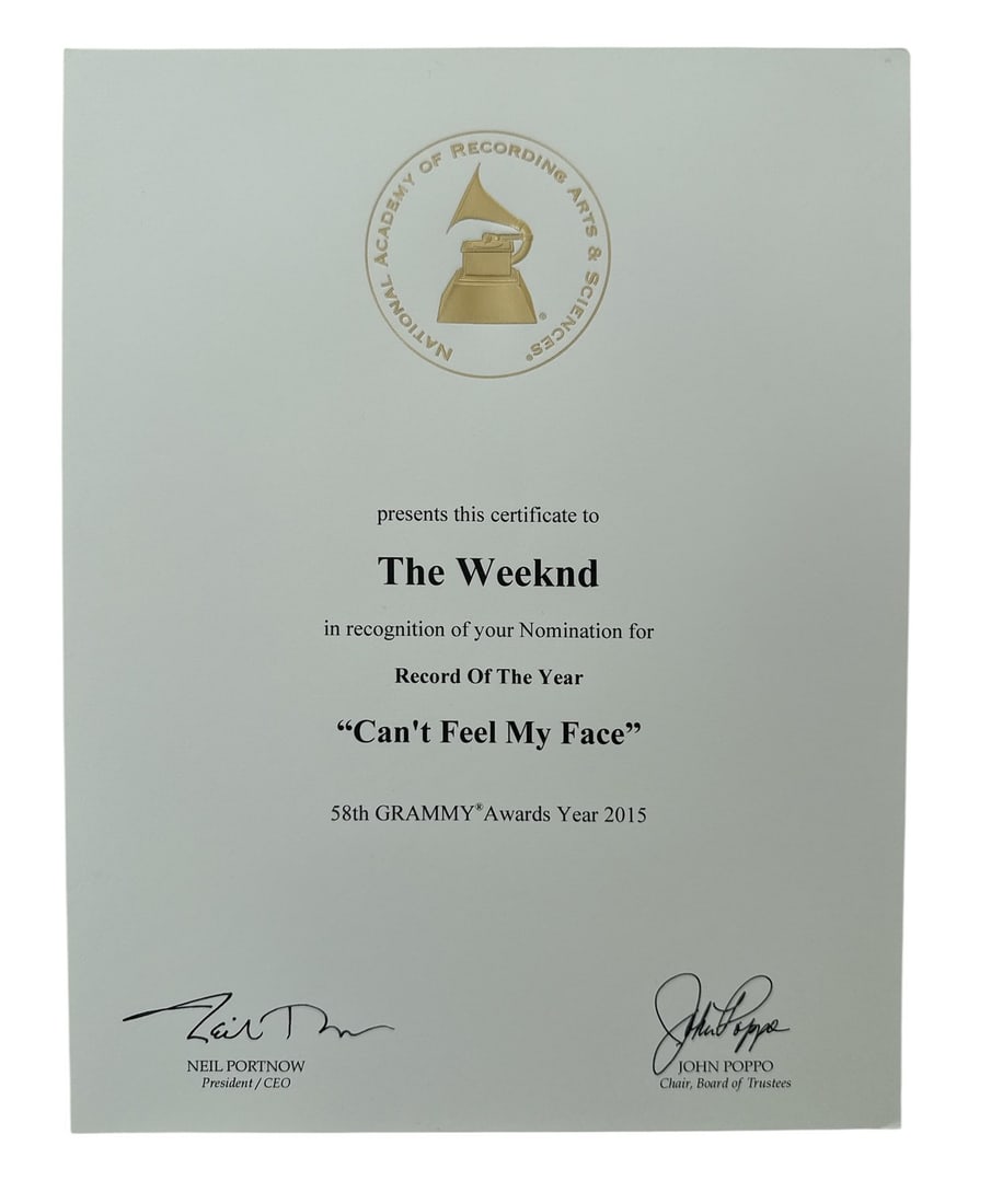 The Weeknd - Grammy Nomination - Record Of The Year - "Can't Feel My Face": Grammy Nomination Certificate 58th Grammy Awards Year 2015 The Weeknd Record Of The Year "Can't Feel My Face" Certificate Only. Issued by the Recording Academy for the Record Of The Year category at t