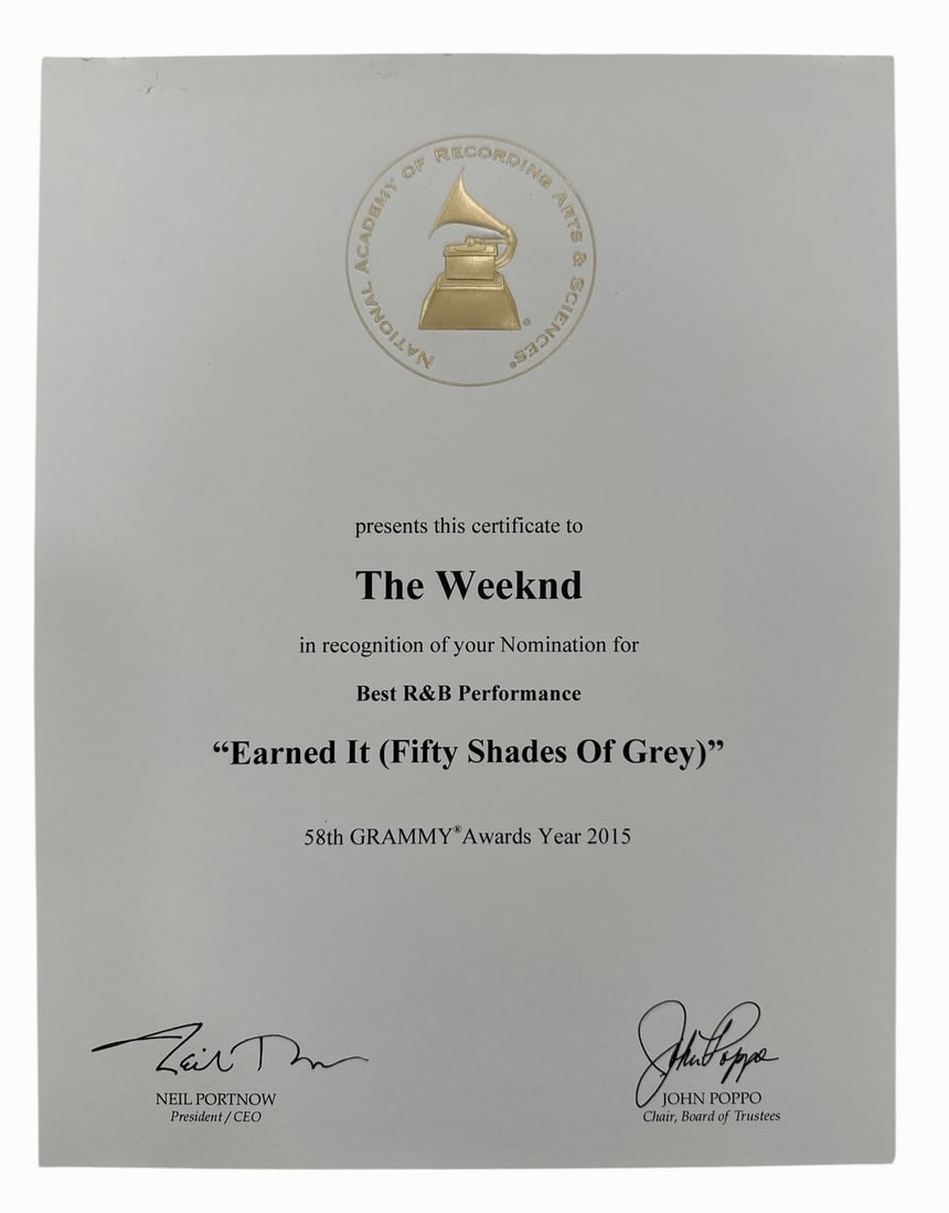 The Weeknd - Grammy Nomination - Best R&B Performance - "Earned It (Fifty Shades Of Grey)": Grammy Nomination Certificate 58th Grammy Awards Year 2015 The Weeknd Best R&B Performance "Earned It (Fifty Shades Of Grey)". Certificate Only. Issued by the Recording Academy for the Best R&B Perfor