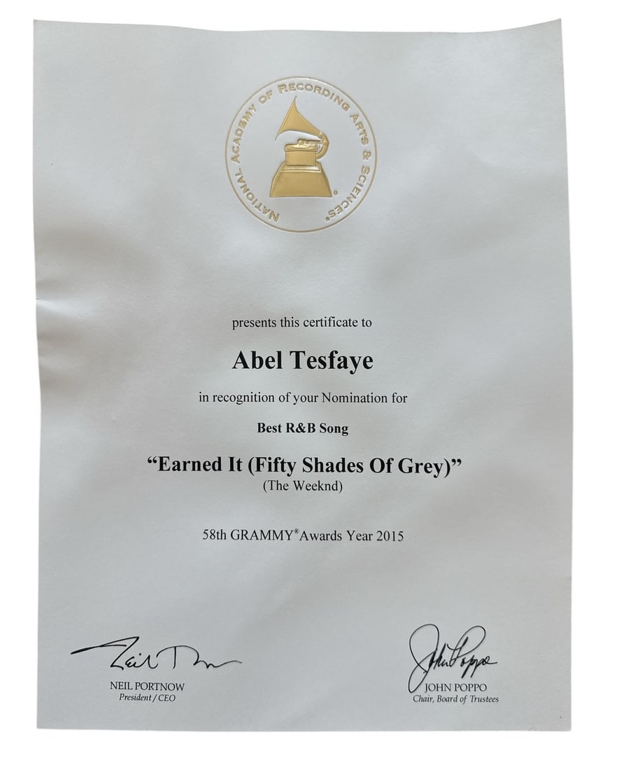 The Weeknd - Grammy Nomination - Best R&B Song - "Earned It (Fifty Shades Of Grey)": Grammy Nomination Certificate 58th Grammy Awards Year 2015 Abel Tesfaye Best R&B Song "Earned It (Fifty Shades Of Grey)" (The Weeknd). Certificate Only. Issued by the Recording Academy for the Best R&