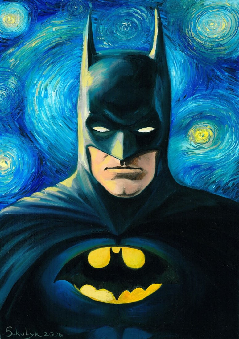Vira Sokolyk (Ukraine,b 1999) oil painting: ARTIST: Vira Sokolyk (Ukraine, born 1999) TITLE: Portrait of Batman MEDIUM: oil on heavy paper CONDITION: Very good. No visible inpaint under UV light. ART SIZE:<