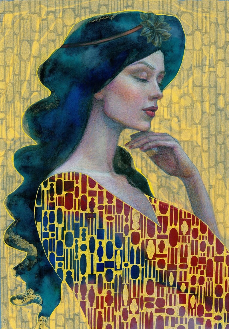 Katerina Grigorenko (Ukraine,b 1999) mixed media painting: ARTIST: Katerina Grigorenko (Ukraine, born 1999) TITLE: Portrait of Woman MEDIUM: mixed media on heavy paper CONDITION: Very good. ART SIZE: 12 x 8 inche