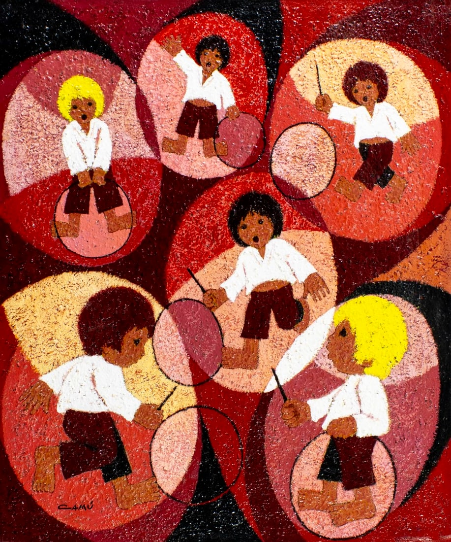 A Camu (Europe,20C) oil painting: ARTIST: A Camu (European, 20 century) TITLE: Children Playing MEDIUM: oil on canvas CONDITION: Unstretched (In-House stretching available) (In-House stretching available). F