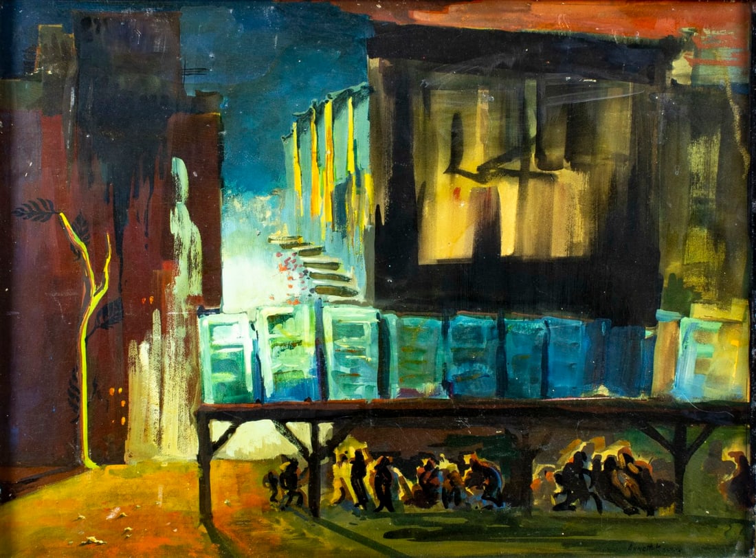 Annette Krauss (FL,20C) tempera painting: ARTIST: Annette Krauss (Florida, 20 century) TITLE: Cityscape MEDIUM: tempera on board CONDITION: Some small scratches/paint losses. Minor craquelure. Some scattered small i