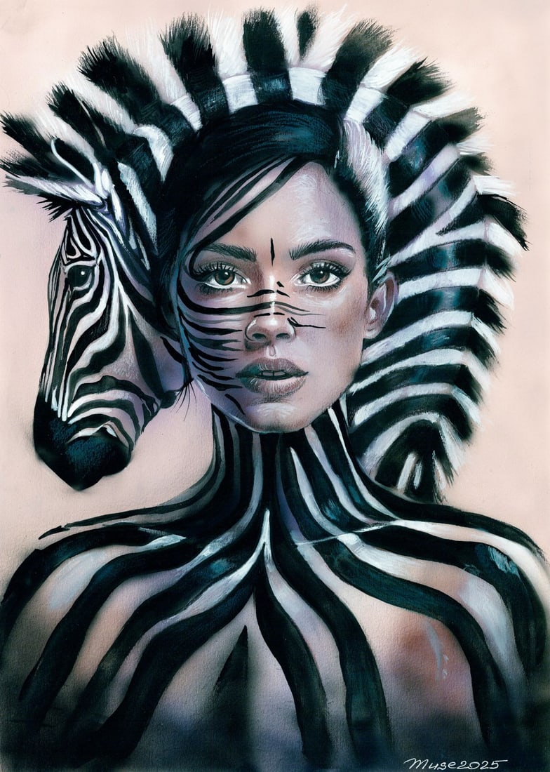 Olga Dolgikova (Ukraine,b 1967) acrylic painting: ARTIST: Olga Dolgikova (Ukrainian, born 1967) TITLE: Woman and Zebra MEDIUM: acrylic on heavy paper CONDITION: Very good. ART SIZE: 17 x 12 inches / 43 x