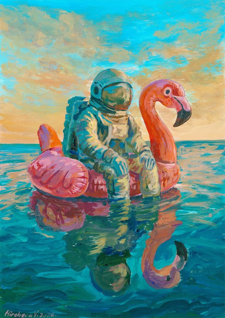 Valeria Mircheva (Ukraine,20/21C) acrylic painting: ARTIST: Valeria Mircheva (Ukraine, 20/21 centuries) TITLE: Surreal Scene with Astronaut MEDIUM: acrylic on heavy paper CONDITION: Very good. ART SIZE: 12