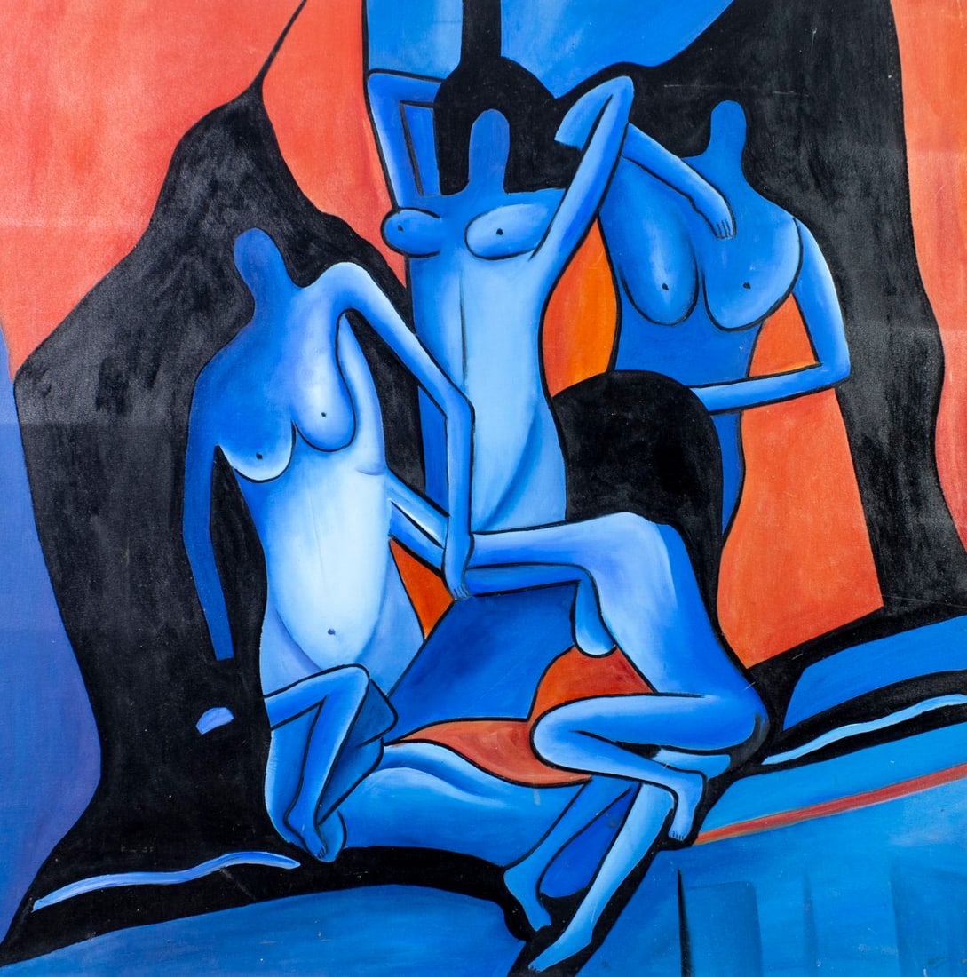 Garcia (US,20C) oil painting: ARTIST: Garcia (American, 20 century) TITLE: Abstract Composition with Nudes MEDIUM: oil on canvas. Canvas applied to board. CONDITION: Minor damages to lower corners. Some