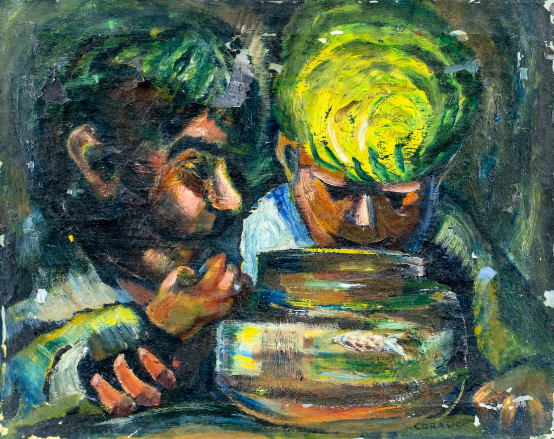 William Corasick (PA,1907-2002) oil painting: ARTIST: William W Corasick (Pennsylvania, 1907 - 2002) TITLE: Boys Watching a Fish in Aquarium MEDIUM: oil on canvas CONDITION: Two small patches. Some flaking/paint losse