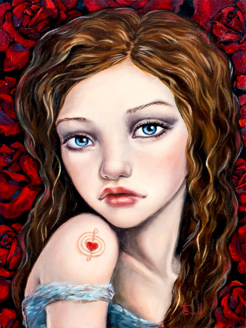 Tanya Bond (Irish,20/21C) acrylic painting: ARTIST: Tanya Bond (Ireland, 20/21 centuries) TITLE: Leanan Sidhe MEDIUM: acrylic on board CONDITION: Very good. No visible inpaint under UV light. ART SIZE: