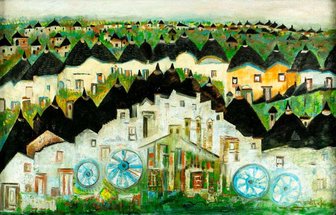 Giuseppe Di Lieto (Italy,1926-2004) oil painting: ARTIST: Giuseppe Di Lieto (Italian, 1926 - 2004) TITLE: Cityscape MEDIUM: oil on board CONDITION: Some scratches/paint losses mostly in the lower left quadrant. Very minor