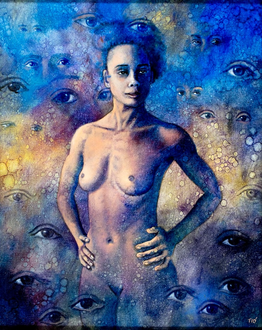 Miguel Tio (Dominican,US,20/21C) oil painting: ARTIST: Miguel Tio (Dominican Republic, American, 20/21 centuries) TITLE: Nude - Apparition (titled on verso) YEAR: 2005 MEDIUM: oil on canvas CONDITION: