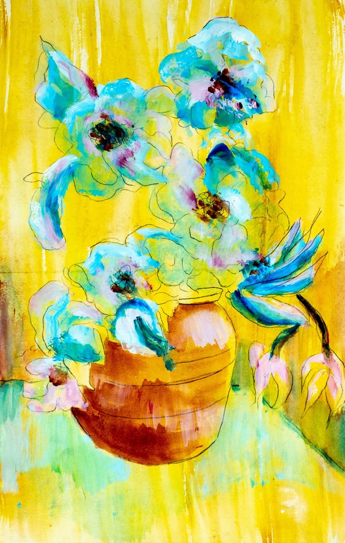 Thelma Thal (NY,1903-2001) mixed media painting: ARTIST: Thelma Thal (New York, 1903 - 2001) TITLE: Still Life with Flower Pot MEDIUM: mixed media on paper CONDITION: Overall good. ART SIZE: 19 x 12 i
