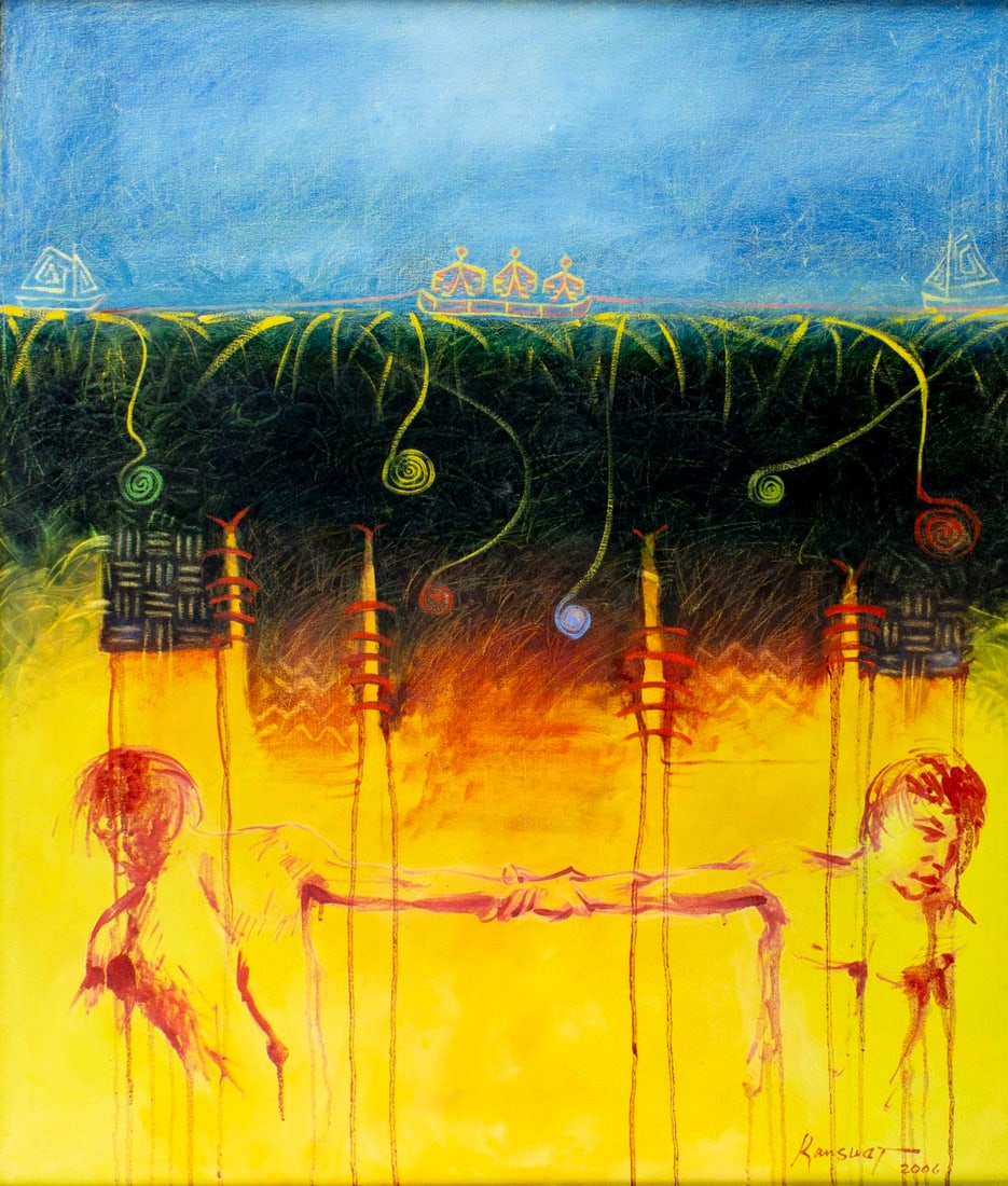 Vintage 21C oil painting signed: ARTIST: - (20/21 centuries) TITLE: Surreal Composition with Figures YEAR: 2006 MEDIUM: oil on canvas CONDITION: Some indentation in the upper left quadra