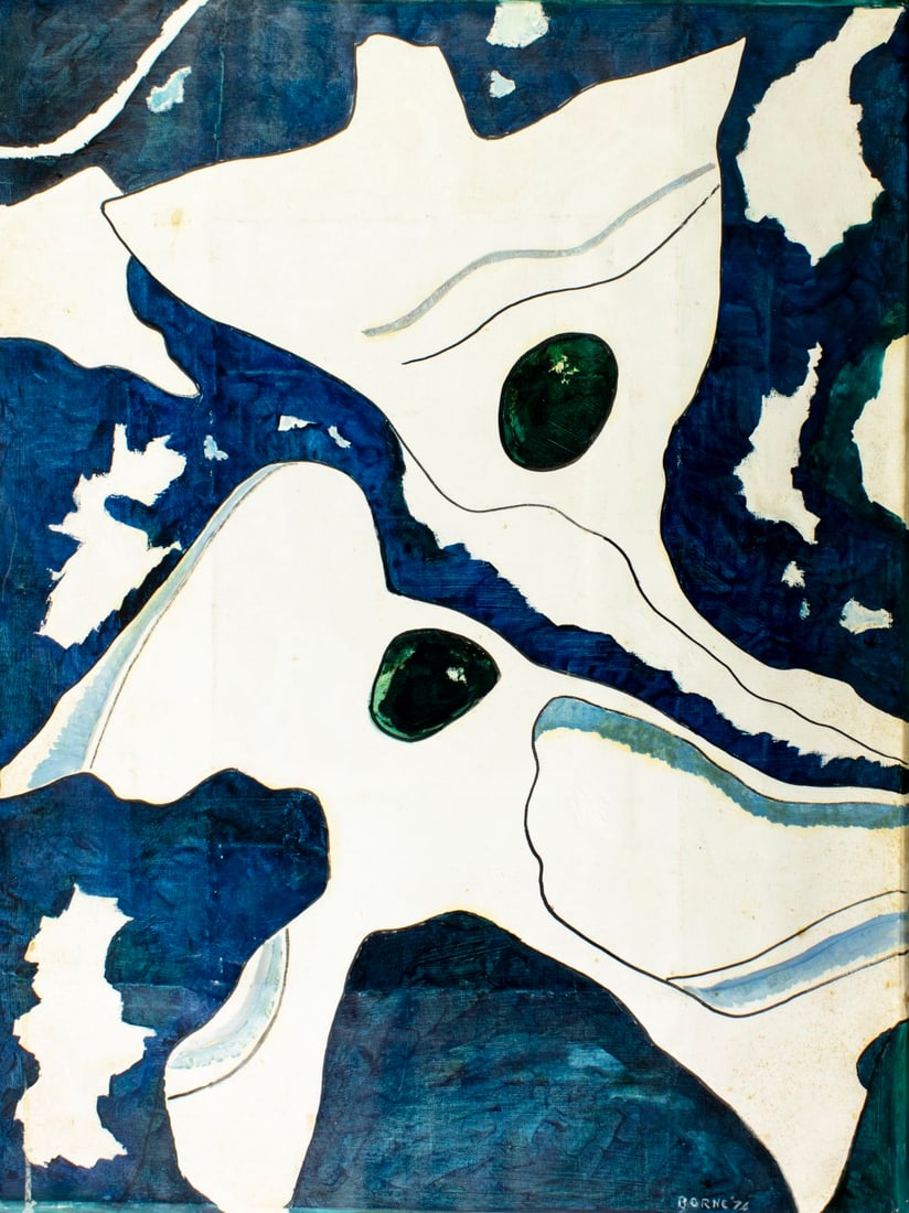 Mortimer Borne (NY,Poland,1902-1987) oil painting 3D: ARTIST: Mortimer Borne (New York, Polish, 1902 - 1987) TITLE: Colliding Galaxies (titled on verso) YEAR: 1976 MEDIUM: oil on canvas CONDITION: Minor scra
