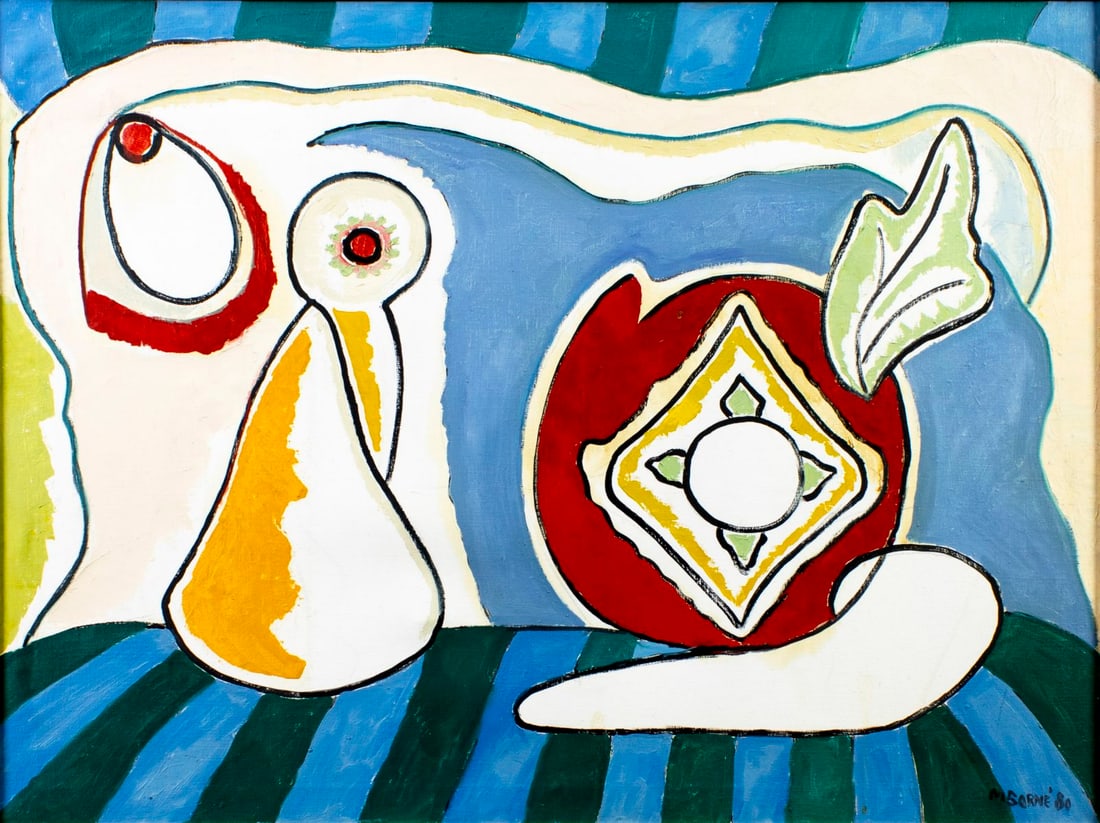 Mortimer Borne (NY,Poland,1902-1987) oil painting: ARTIST: Mortimer Borne (New York, Polish, 1902 - 1987) TITLE: Abstract Composition YEAR: 1980 MEDIUM: oil on canvas CONDITION: Few minor paint losses. So