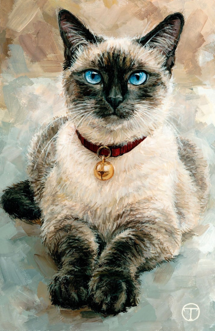 Olia Tomkova (Ukraine,20/21C) acrylic painting: ARTIST: Olia Tomkova (Ukrainian, 20/21 centuries) TITLE: Siamese Cat (titled on verso) MEDIUM: acrylic on board CONDITION: Very good. ART SIZE: 12 x 8 in