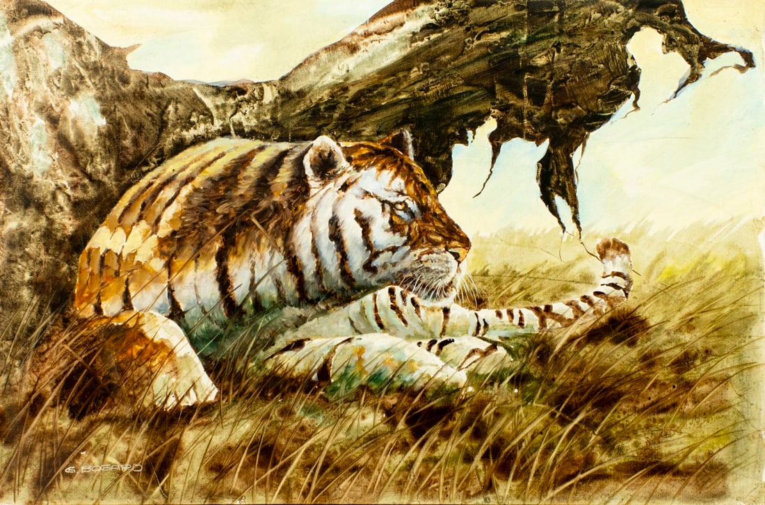 Gerald Bogard (US,20C) oil painting: ARTIST: Gerald Bogard (American, 20 century) TITLE: Tiger MEDIUM: oil on canvas CONDITION: Minor craquelure. No visible inpaint under UV light. ART SIZE: