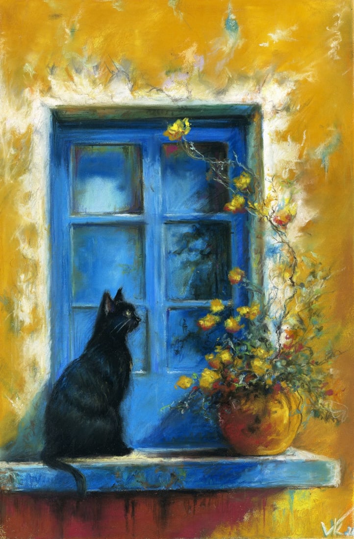 Ksenia Vasilchenko (Ukraine,b 1996) pastel painting: ARTIST: Ksenia Vasilchenko (Ukraine, born 1996) TITLE: Black Cat by Window MEDIUM: pastel on heavy paper CONDITION: Very good. ART SIZE: 12 x 8 inches /