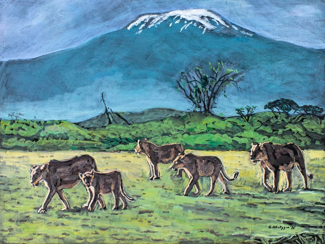 Evelyn Metzger (NY,Brazil,1911-2007) oil painting: ARTIST: Evelyn Borchard Metzger (New York, Brazilian, 1911 - 2007) TITLE: Five Lionesses near Mountain (titled on verso) YEAR: 1995 MEDIUM: oil on board CONDITION