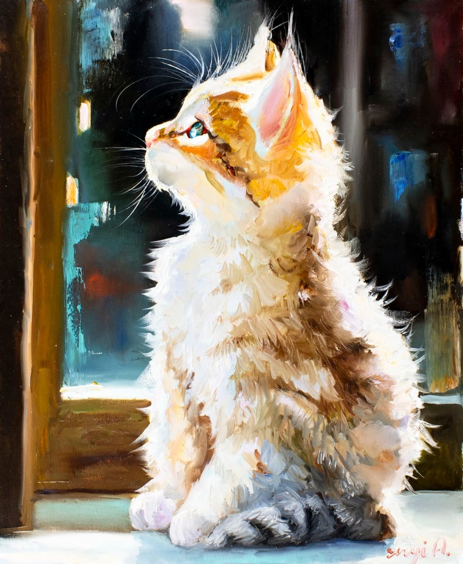 Alex Siryi (Ukraine,b 1997) oil painting: ARTIST: Alex Siryi (Ukrainian, born 1997) TITLE: Ginger Cat MEDIUM: oil on canvas CONDITION: Unstretched (In-House stretching available) (In-House stretching available). Ver