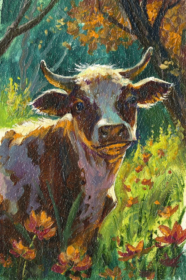 Sergey Kozachkin (Ukraine,b 1965) oil painting: ARTIST: Sergey Vasilievich Kozachkin (Ukraine, born 1965) TITLE: Cow in Meadow MEDIUM: oil on board CONDITION: Very good. No visible inpaint under UV light. ART S