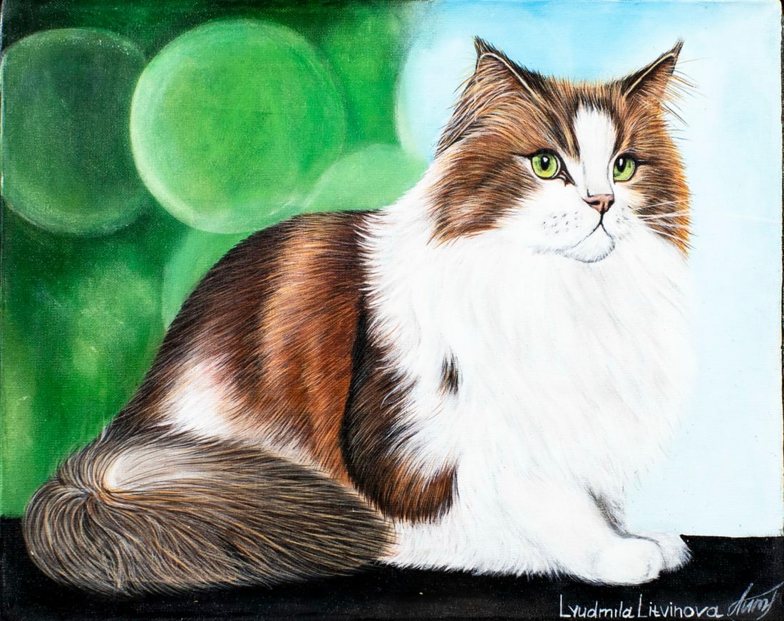 Lyudmila Litvinova (Russia,b 1991) acrylic painting: ARTIST: Lyudmila Litvinova (Russian, born 1991) TITLE: Beautiful Cat (titled on verso) MEDIUM: acrylic on canvas CONDITION: Unstretched (In-House stretching available) (In-H