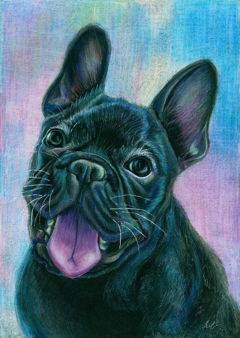 Lesya Larionova (Ukraine,20/21C) mixed media painting: ARTIST: Lesya Larionova (Ukraine, 20/21 centuries) TITLE: Black French Bulldog Dog MEDIUM: mixed media on heavy paper CONDITION: Very good. ART SIZE: 12