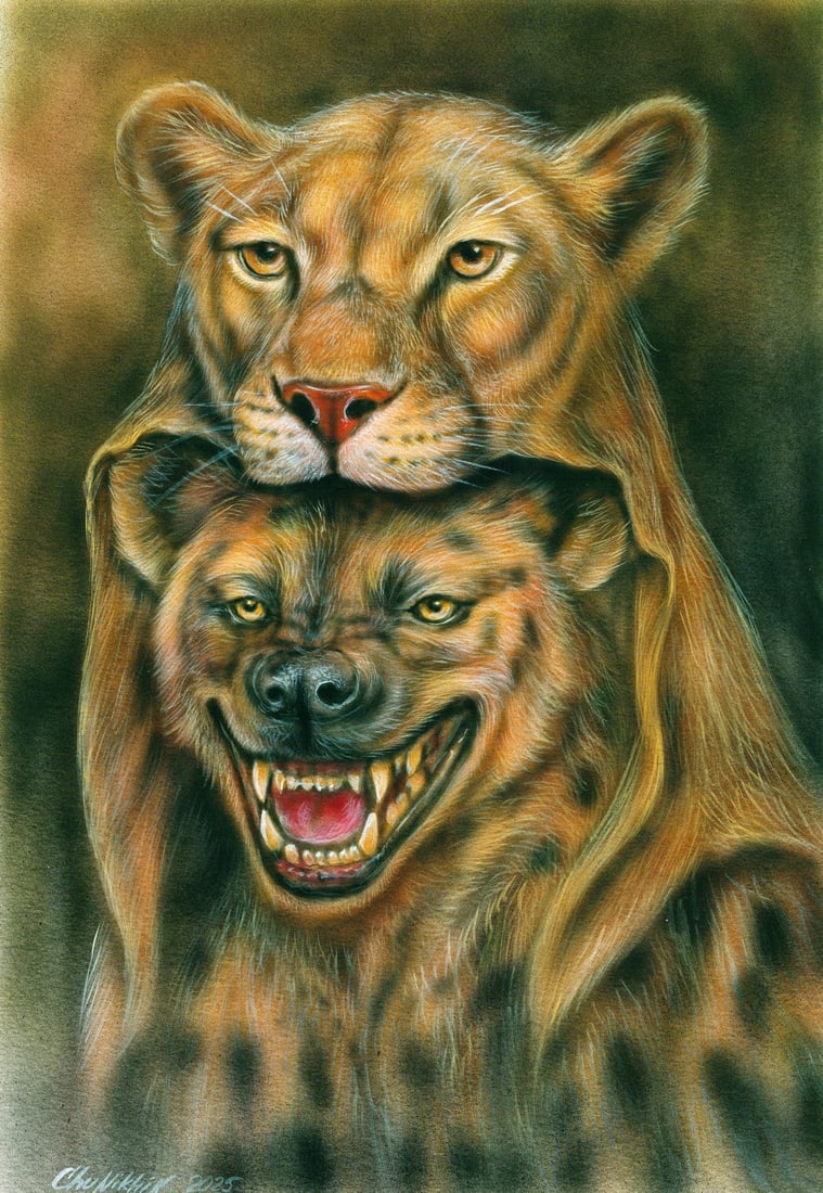 Evgeniy Chunikhin (Ukraine,b 1976) acrylic painting: ARTIST: Evgeniy Chunikhin (Ukrainian, born 1976) TITLE: Hyena in Lions Coat MEDIUM: acrylic on heavy paper CONDITION: Very good. ART SIZE: 17 x 12 inches