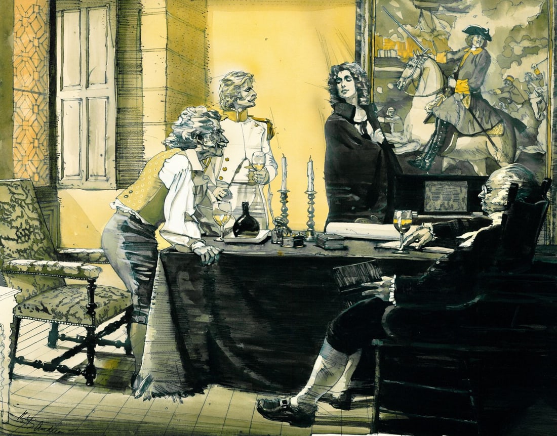 Bernard D'Andrea (NY,SC,1923-2016) watercolor painting: ARTIST: Bernard L D'Andrea (New York, South Carolina, 1923 - 2016) TITLE: Illustration - Seven Gothic Tales YEAR: 1978 MEDIUM: watercolor on board CONDITION: