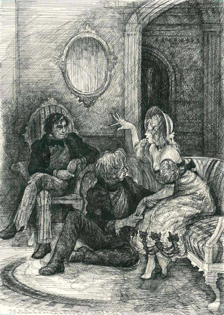 Paul Geiger (US,20C) ink painting: ARTIST: Paul Geiger (American, 20 century) TITLE: Illustration - Pere Goriot YEAR: 1981 MEDIUM: ink on paper. Paper applied to board. CONDITION: Some age