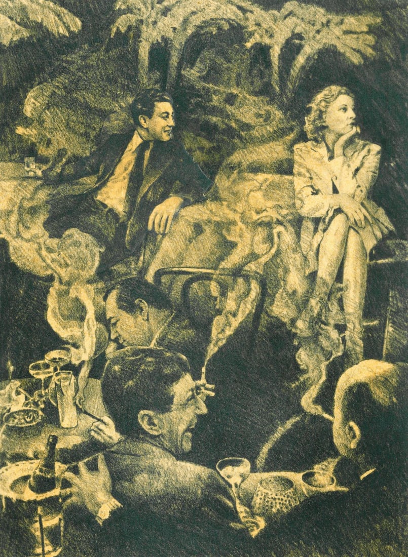Chet Jezierski (PA,CT,20/21C) graphite painting: ARTIST: Chet Jezierski (Pennsylvania, Connecticut, 20/21 centuries) TITLE: Illustration - The Wapshop Chronicle YEAR: 1978 MEDIUM: graphite on paper. Paper applied to board.