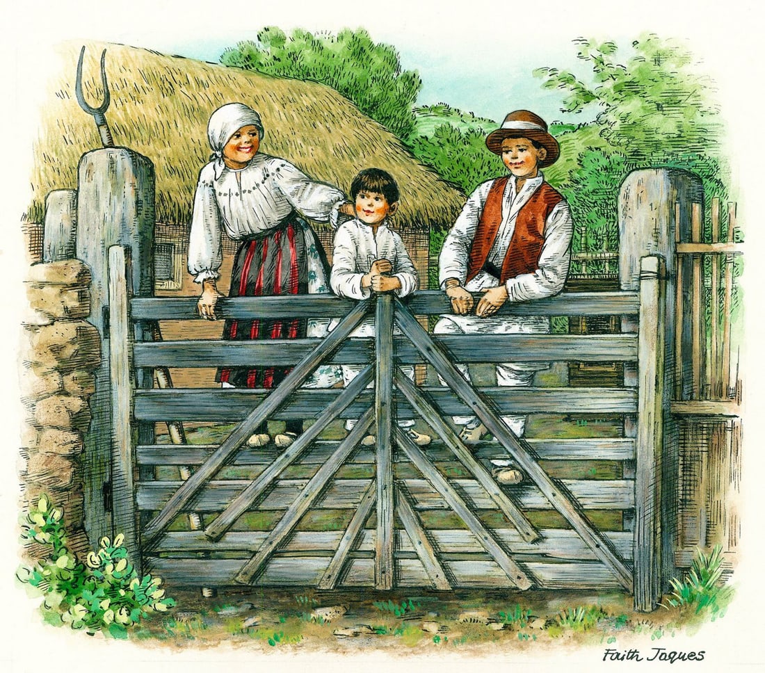 Faith Jaques (UK,1923-1997) watercolor painting: ARTIST: Faith Heather Jaques (United Kingdom, 1923 - 1997) TITLE: Boy and Parents Off to Work in the Fileds, Romania YEAR: 1979 MEDIUM: watercolor on board COND