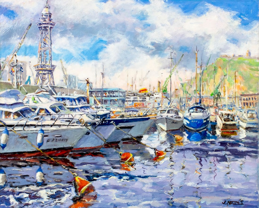 J Nicolas (Europe,20C) oil painting: ARTIST: J Nicolas (European, 20 century) TITLE: Port Vell Marina, Barcelona, Spain MEDIUM: oil on canvas CONDITION: Unstretched (In-House stretching available) (In-House str