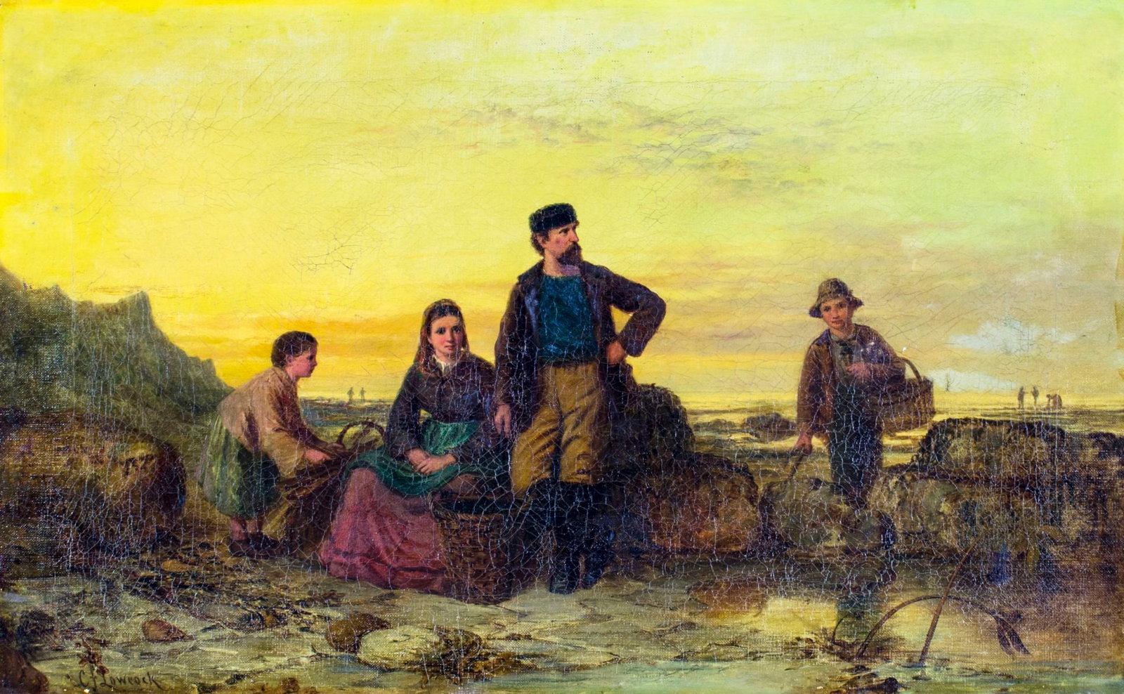 Charles Lowcock (UK,1844-1925) oil painting antique: ARTIST: Charles Frederick Lowcock (British, 1844 - 1925) NAME: Coastal Scene MEDIUM: oil on canvas CONDITION: Two repaired punctures. Some craquelure. Normal wear along edges. Few scattered