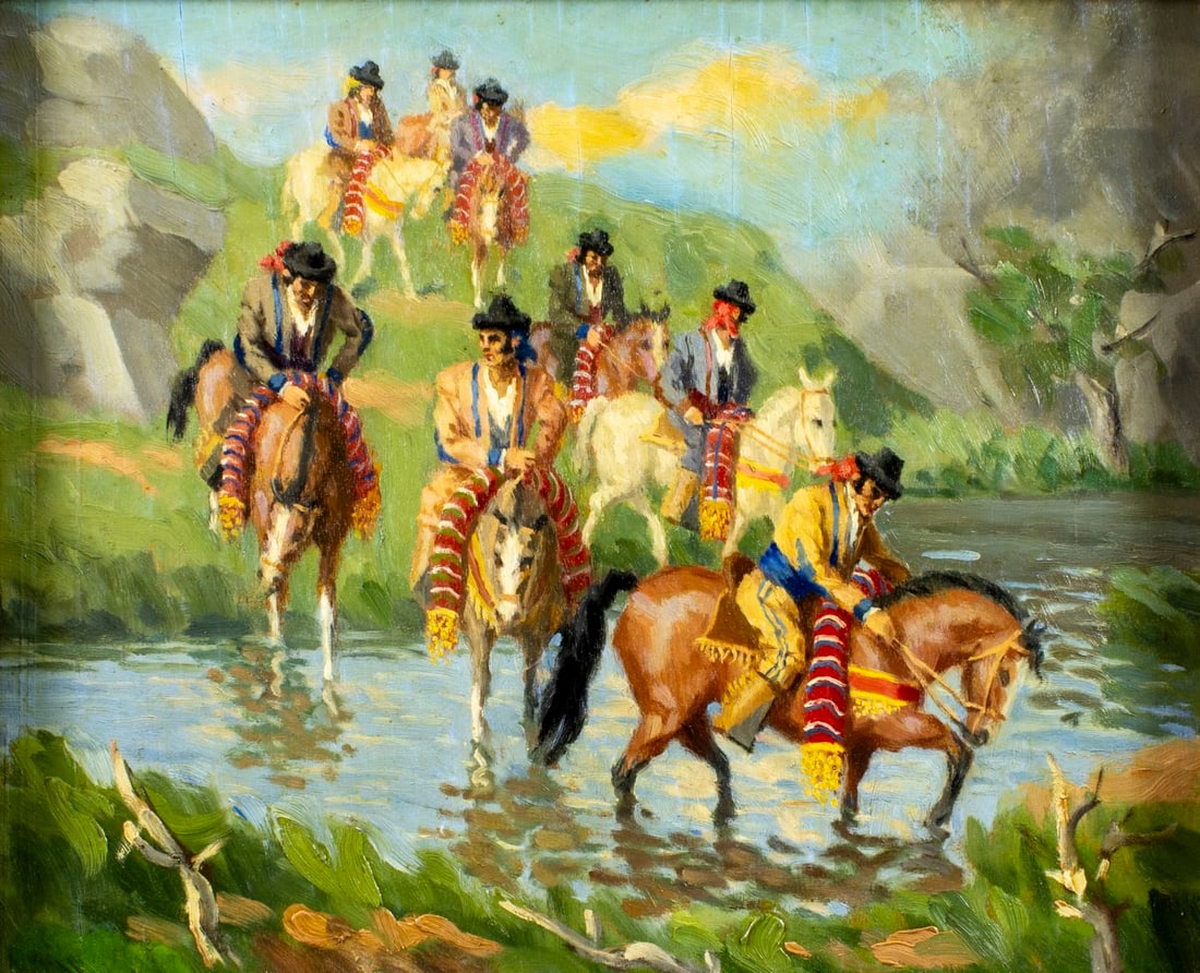 Vintage mid 20C Spanish oil painting: ARTIST: - (Spain, mid 20 century) TITLE: Spanish Horsemen Crossing River MEDIUM: oil on board CONDITION: Some vertical surface cracks. No visible inpaint under UV light. Wea