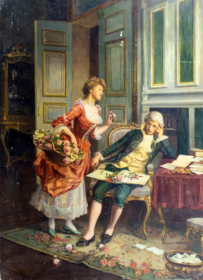 Mariano Alonso Perez (Spain,1857-1930) oil painting antique: ARTIST: Mariano Alonso Perez Y Villagrossa (Spanish, 1857 - 1930) TITLE: Interior Scene MEDIUM: oil on board CONDITION: Some nail holes along edges. Two vertical cracks by