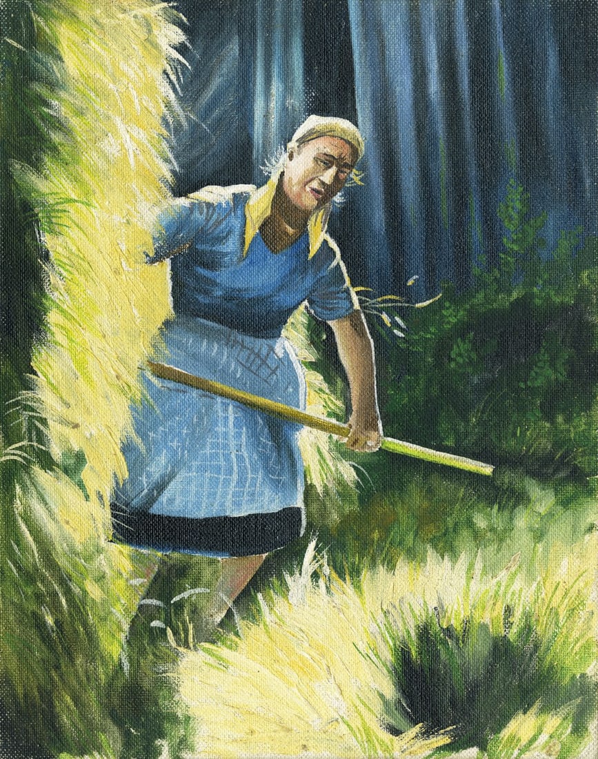 S Grayson (US,mid 20C) oil painting: ARTIST: S Grayson (United States, mid 20 century) TITLE: Woman Harvesting MEDIUM: oil on canvas board CONDITION: Minor damages to corners. Minor scratches/paint losses. No v