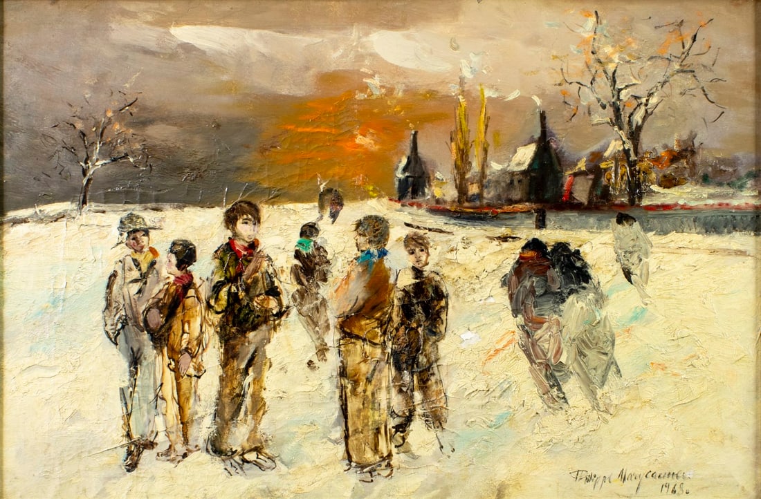 Vintage mid 20C oil painting signed: ARTIST: - (mid 20 century) TITLE: Children Playing in Snow YEAR: 1968 MEDIUM: oil on canvas CONDITION: Some flaking/paint losses (see pictures carefully)
