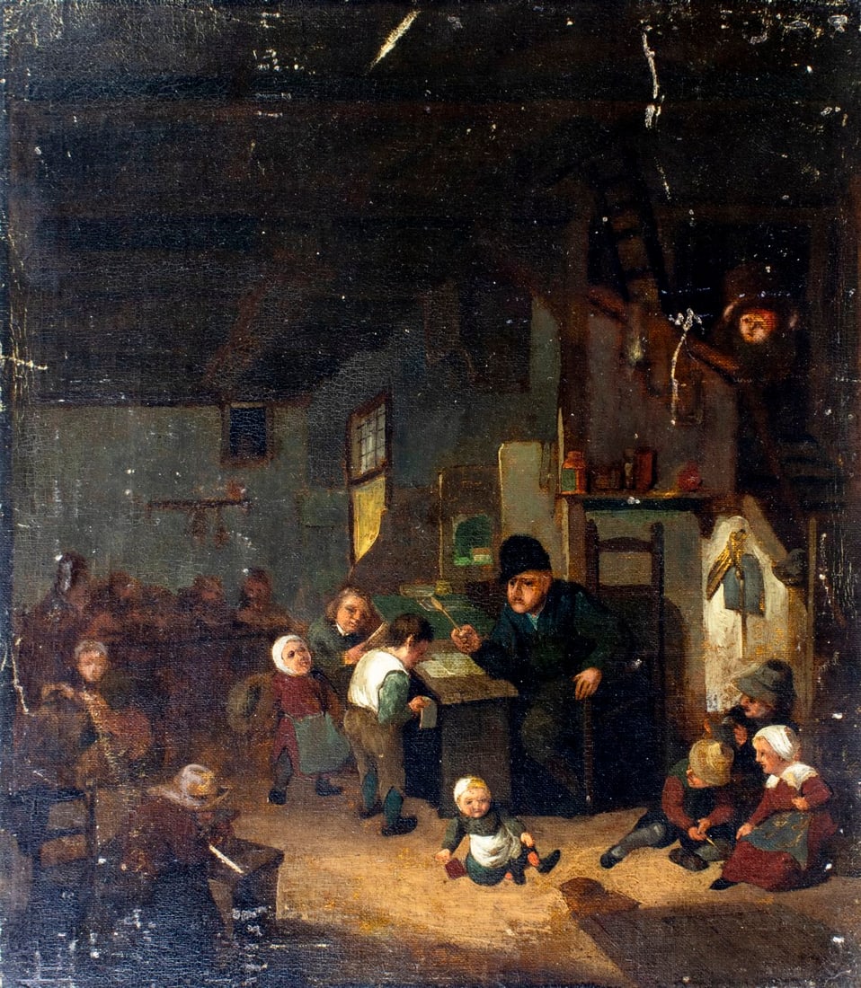 Antique 19C European oil painting AFTER Adriaen van Ostade: ARTIST: - (Europe, 19 century) AFTER Adriaen van Ostade TITLE: The School Master MEDIUM: oil on canvas. Canvas applied to board. CONDITION: Some small damages to edges and