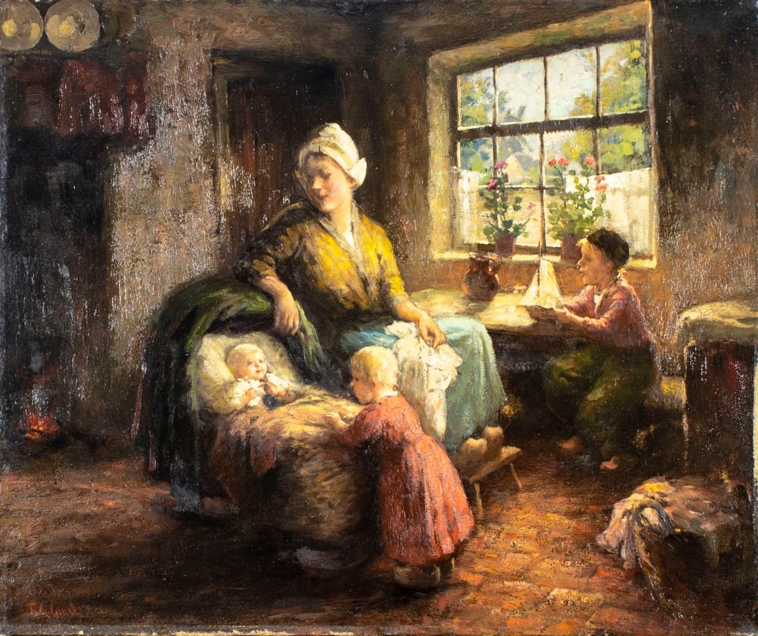 F G Grust (Dutch,1889-?) oil painting: ARTIST: F G Grust (Netherlands, 1889 - ???) TITLE: Mother and Children MEDIUM: oil on canvas CONDITION: Some paint losses mostly along edges. Minor craquelure. Some small