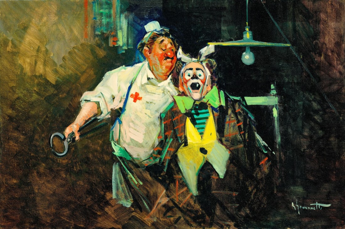 Giordano Giovanetti (Italy,1906-1973) oil painting: ARTIST: Giordano Giovanetti (Italian, 1906 - 1973) TITLE: Two Clowns MEDIUM: oil on canvas CONDITION: Unstretched (In-House stretching available) (In-House stretching avai