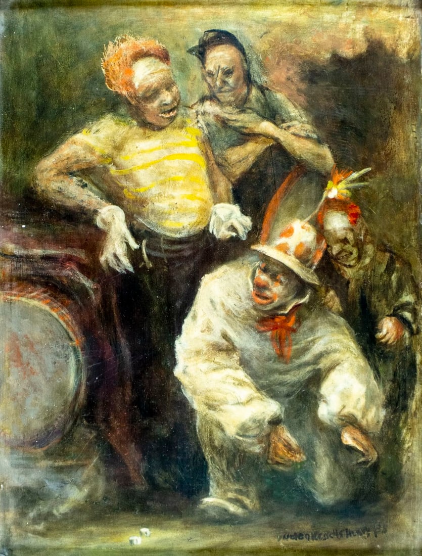 Helen Wessels (NY,1905-1985) oil painting: ARTIST: Helen Wessels Henry (New York, 1905 - 1985) TITLE: Clowns MEDIUM: oil on board CONDITION: Some damages to the lower left corner. Few faint scratches. No visible inpa