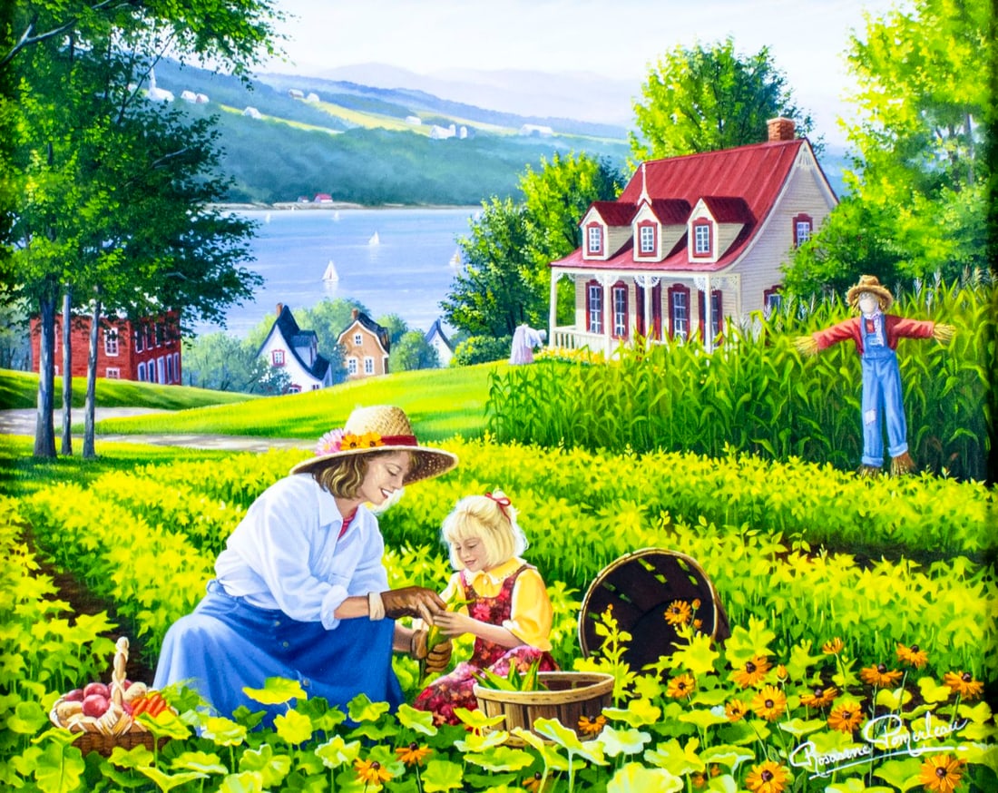 Rosanne Pomerleau (Canada,CA,b 1958) oil painting: ARTIST: Rosanne Pomerleau (Canadian, California, born 1958) TITLE: Lapprentie Agronome (titled on verso) MEDIUM: oil on canvas CONDITION: Very good. No visible inpaint under