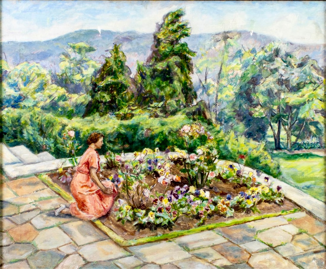 Vintage mid 20C American oil painting: ARTIST: - (American, mid 20 century) TITLE: Woman Gardening with Flowers MEDIUM: oil on canvas CONDITION: Some scratches/paint losses. Minor craquelure. Some scattered inpai