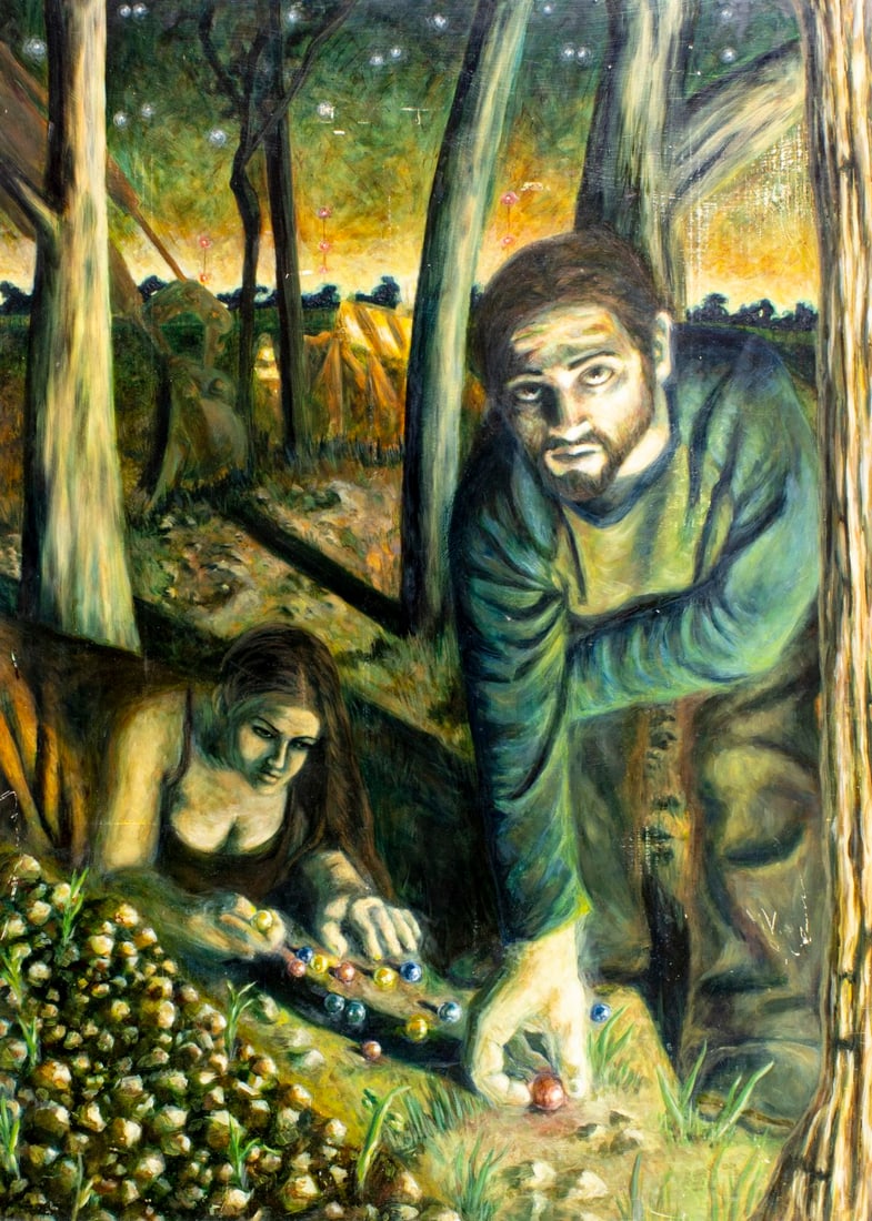 Vintage 20C American oil painting: ARTIST: - (American, 20 century) TITLE: Couple with Marbles MEDIUM: oil on board CONDITION: Some small damages to corners and edges. Some scratches/paint losses (see picture