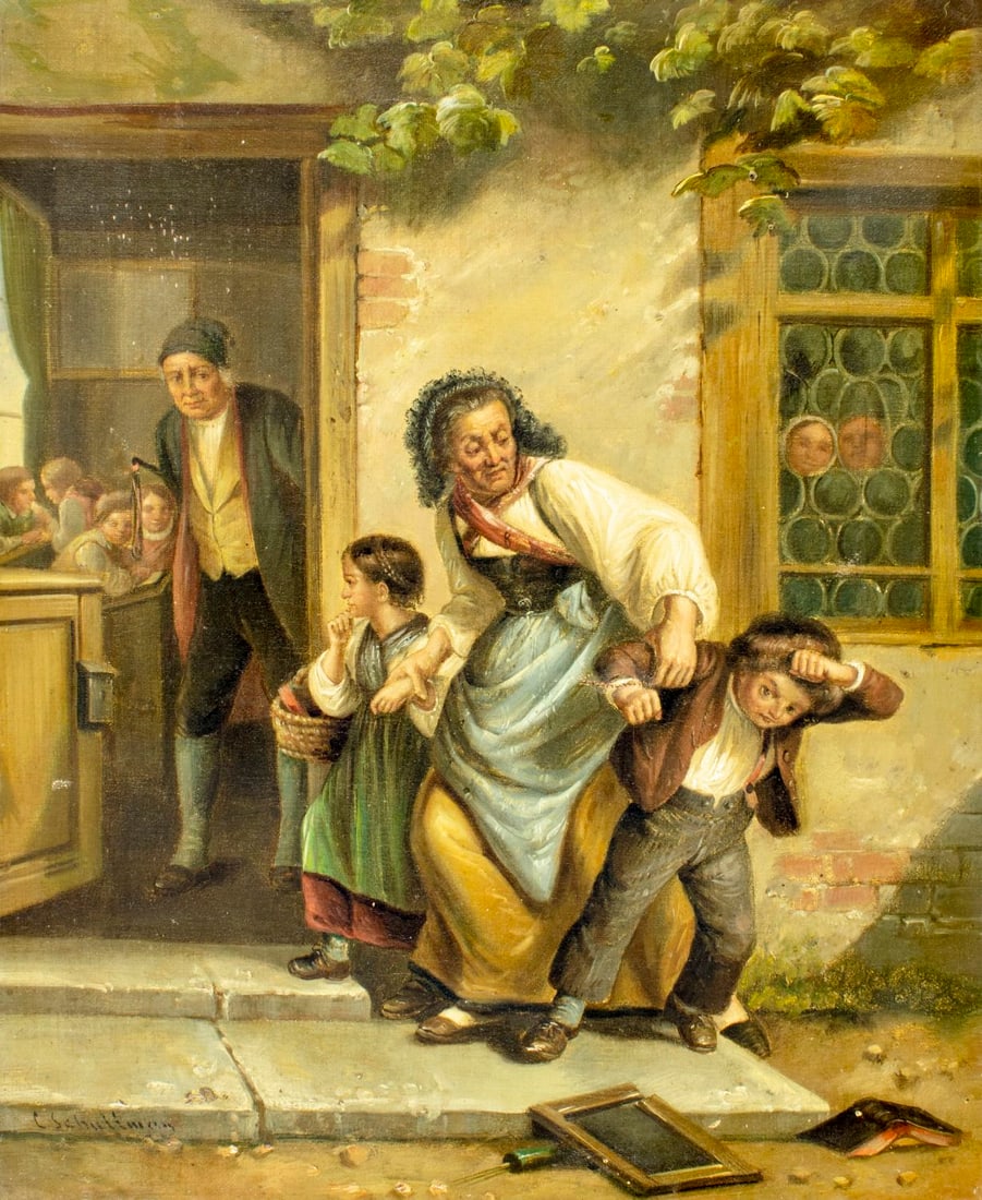 C Schullman (Europe,19C) oil painting antique: ARTIST: C Schullman (European, 19 century) TITLE: School Scene MEDIUM: oil on canvas CONDITION: One small patch. Some paint losses. Minor craquelure. Some scattered small in