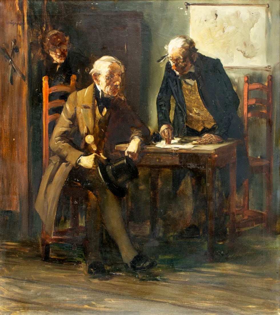 Vintage mid 20C American oil painting signed: ARTIST: - (American, mid 20 century) TITLE: Gentlemen Talking MEDIUM: oil on canvas CONDITION: Minor paint losses. No visible inpaint under UV light. Wear to frame.