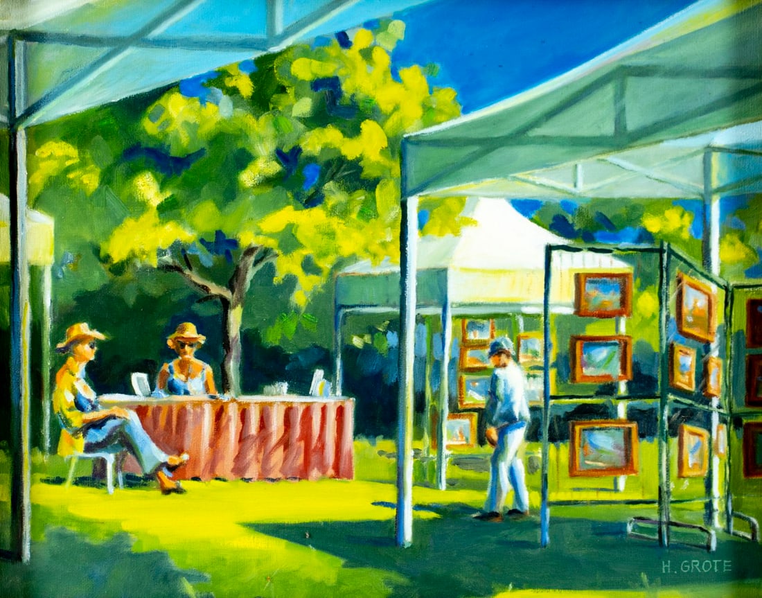 Harald Grote (PA,20/21C) oil painting: ARTIST: Harald Grote (Pennsylvania, 20/21 centuries) TITLE: Art Show Today (titled on verso) MEDIUM: oil on canvas CONDITION: One small patch-repaired puncture with correspo