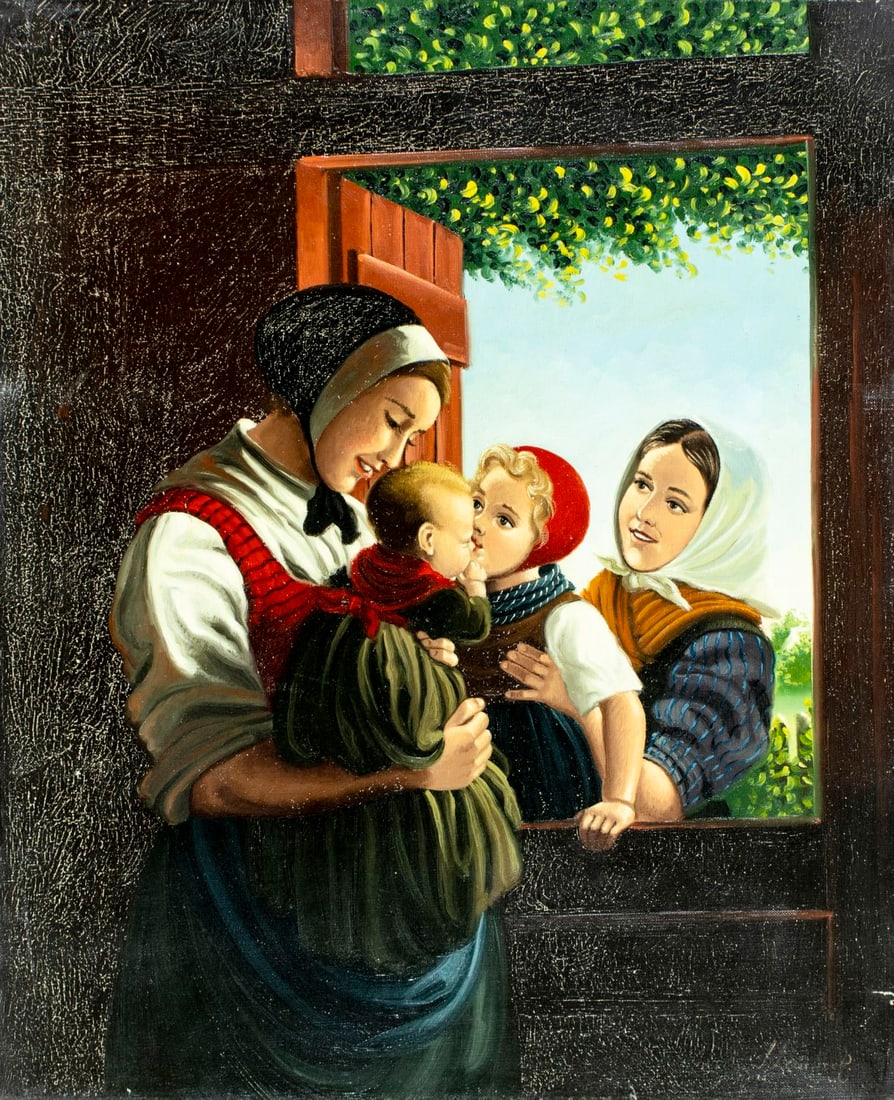 Vintage 20C Danish oil painting signed: ARTIST: - (Denmark, 20 century) TITLE: Family Scene MEDIUM: oil on canvas CONDITION: Some small scratches/paint losses. Some craquelure. No visible inpaint under UV light.