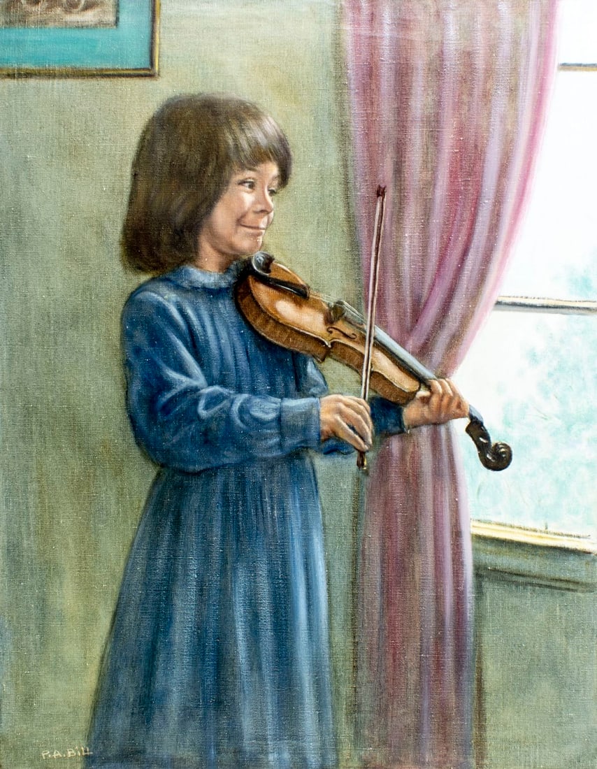 Peter A Bill (UK,1936-2014) oil painting: ARTIST: Peter A Bill (United Kingdom, 1936 - 2014) TITLE: Girl Playing Violin MEDIUM: oil on canvas CONDITION: Unstretched (In-House stretching available) (In-House stretc